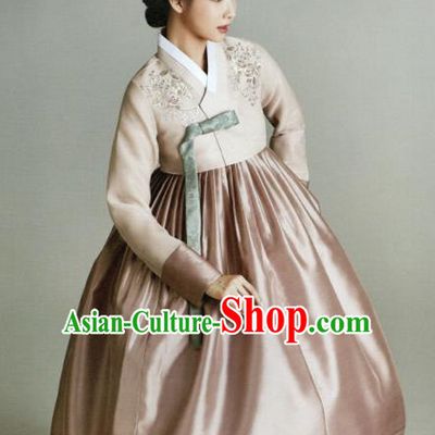 Korean Traditional Hanbok Princess Beige Blouse and Pink Satin Dress Outfits Asian Korea Fashion Costume for Women
