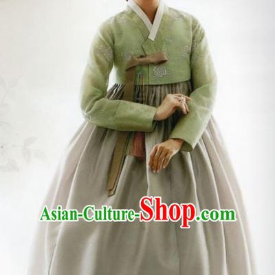 Korean Traditional Hanbok Princess Green Blouse and Grey Satin Dress Outfits Asian Korea Fashion Costume for Women
