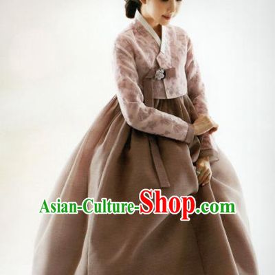 Korean Traditional Hanbok Mother Pink Blouse and Brown Satin Dress Outfits Asian Korea Fashion Costume for Women
