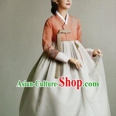 Korean Traditional Hanbok Mother Orange Blouse and Beige Satin Dress Outfits Asian Korea Fashion Costume for Women