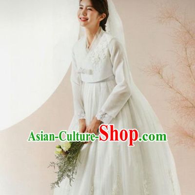 Korean Traditional Hanbok Wedding Bride White Blouse and Dress Outfits Asian Korea Fashion Costume for Women