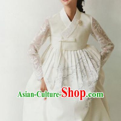 Korean Traditional Hanbok Wedding Bride Blouse and Printing White Dress Outfits Asian Korea Fashion Costume for Women
