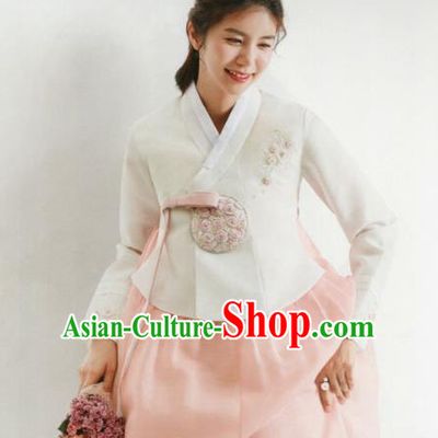 Korean Traditional Hanbok Wedding Bride Embroidered White Blouse and Pink Dress Outfits Asian Korea Fashion Costume for Women