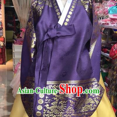 Korean Traditional Hanbok Court Mother Purple Tang Blouse and Yellow Satin Dress Outfits Asian Korea Fashion Costume for Women