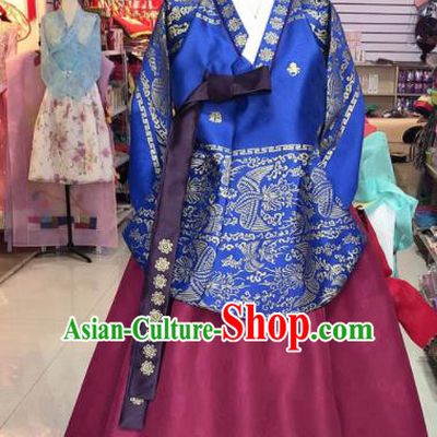 Korean Traditional Hanbok Court Mother Royalblue Tang Blouse and Wine Red Satin Dress Outfits Asian Korea Fashion Costume for Women