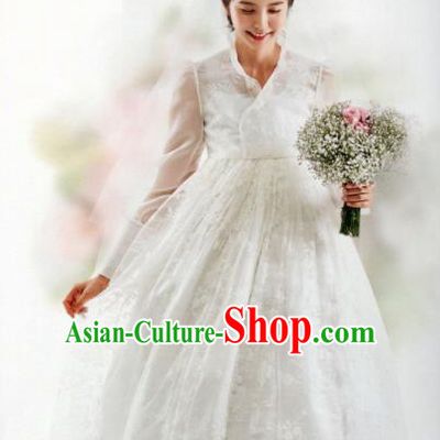 Korean Traditional Hanbok Bride White Veil Blouse and Dress Outfits Asian Korea Wedding Fashion Costume for Women