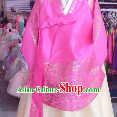 Korean Traditional Hanbok Court Mother Rosy Tang Blouse and Beige Satin Dress Outfits Asian Korea Fashion Costume for Women