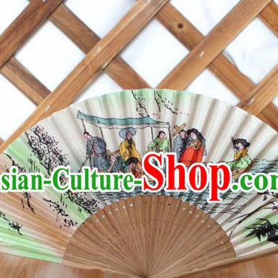 Korean Traditional Wood Folding Fan Asian Korea Folk Printing Boat Paper Fans for Women