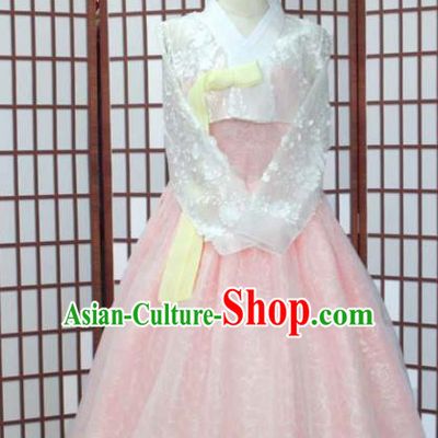 Korean Traditional Hanbok Court White Veil Blouse and Pink Dress Outfits Asian Korea Fashion Costume for Women