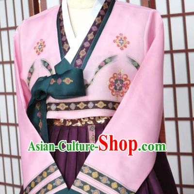 Korean Traditional Garment Hanbok Pink Blouse and Purple Dress Outfits Asian Korea Fashion Costume for Women