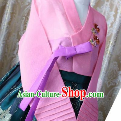 Korean Traditional Garment Hanbok Pink Blouse and Green Dress Outfits Asian Korea Fashion Costume for Women