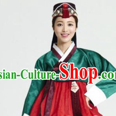 Korean Traditional Bride Garment Hanbok Green Satin Blouse and Red Dress Outfits Asian Korea Fashion Costume for Women