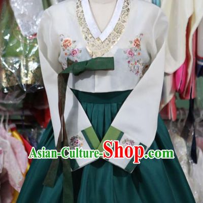 Korean Traditional Bride Garment Hanbok Embroidered White Blouse and Green Dress Outfits Asian Korea Fashion Costume for Women