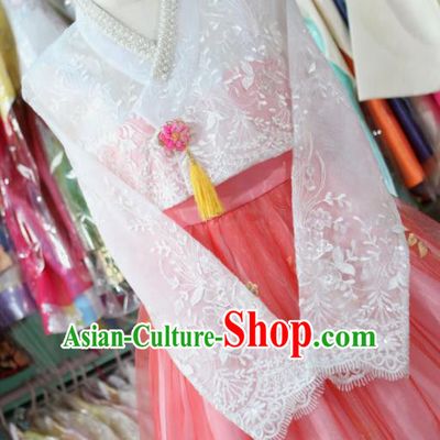 Korean Traditional Garment Bride Hanbok White Lace Blouse and Pink Dress Outfits Asian Korea Fashion Costume for Women