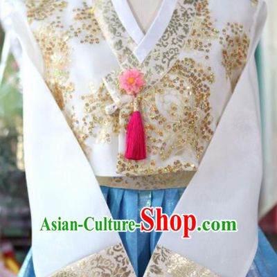 Korean Traditional Garment Bride Mother Hanbok White Blouse and Blue Dress Outfits Asian Korea Fashion Costume for Women