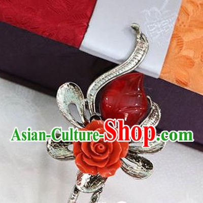 Korean Traditional Wedding Bride Rose Red Gem Hairpins Asian Korea Hanbok Hair Accessories for Women