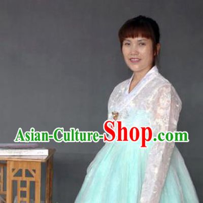 Korean Traditional Garment Bride Mother Hanbok White Blouse and Blue Dress Asian Korea Fashion Costume for Women