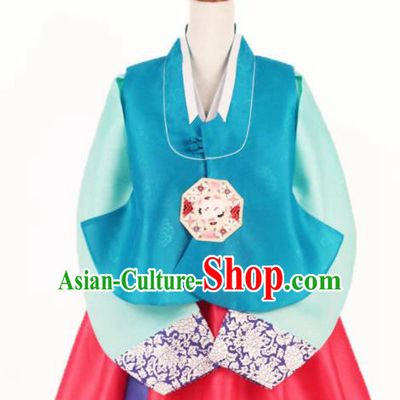 Korean Traditional Garment Bride Hanbok Embroidered Peony Blue Vest Asian Korea Fashion Costume for Women