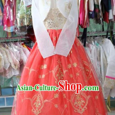 Korean Traditional Garment White Blouse and Peach Pink Dress Bride Hanbok Asian Korea Fashion Costume for Women