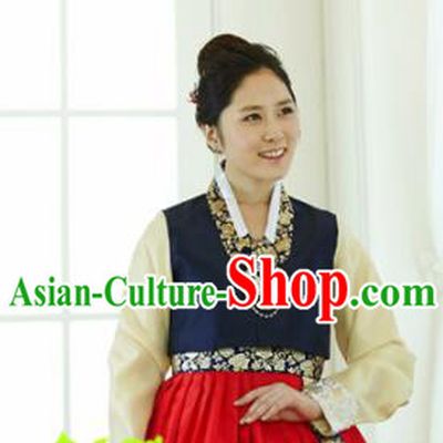 Korean Traditional Hanbok Garment Navy Blouse and Red Dress Asian Korea Fashion Costume for Women
