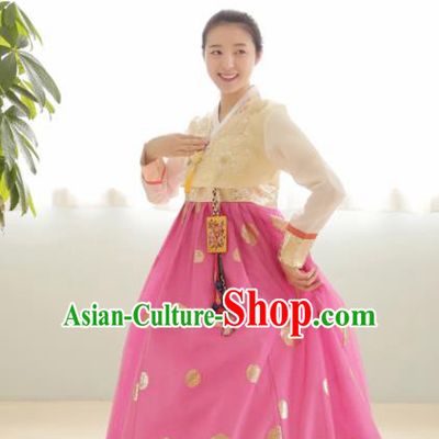 Korean Traditional Hanbok Garment Beige Blouse and Pink Dress Asian Korea Fashion Costume for Women