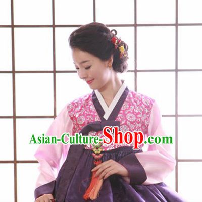 Korean Traditional Mother Hanbok Garment Pink Satin Blouse and Purple Dress Asian Korea Fashion Costume for Women