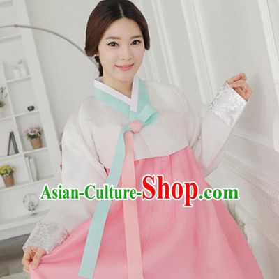 Korean Traditional Hanbok Garment White Blouse and Pink Dress Asian Korea Fashion Costume for Women