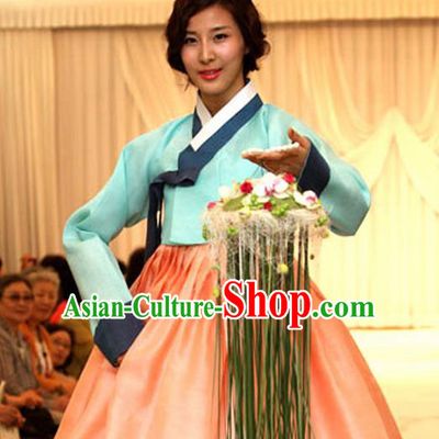 Korean Traditional Court Mother Hanbok Garment Blue Blouse and Orange Dress Asian Korea Fashion Costume for Women