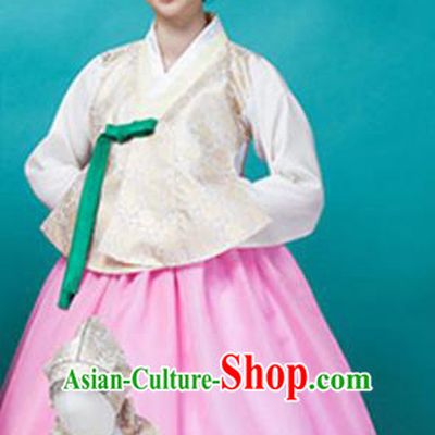 Korean Traditional Court Mother Hanbok Garment Light Golden Blouse and Pink Dress Asian Korea Fashion Costume for Women