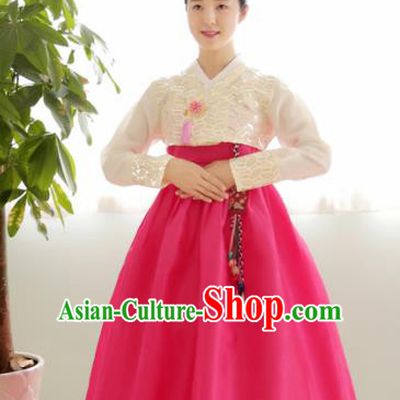 Korean Traditional Court Hanbok Garment Beige Blouse and Rosy Dress Asian Korea Fashion Costume for Women