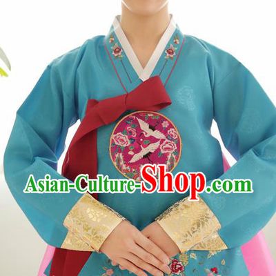 Korean Traditional Court Hanbok Garment Embroidered Blue Blouse Asian Korea Fashion Costume for Women