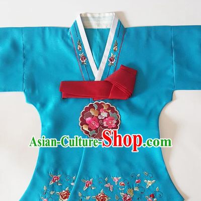 Korean Traditional Court Hanbok Garment Embroidered Peony Lake Blue Blouse Asian Korea Fashion Costume for Women