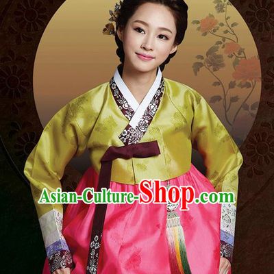 Korean Traditional Bride Mother Hanbok Garment Ginger Satin Blouse and Pink Dress Asian Korea Fashion Costume for Women