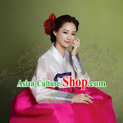 Korean Traditional Bride Mother Hanbok Garment White Satin Blouse and Rosy Dress Asian Korea Fashion Costume for Women