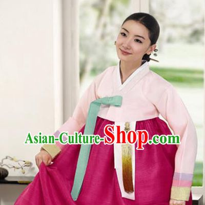 Korean Traditional Bride Mother Hanbok Garment Pink Satin Blouse and Rosy Dress Asian Korea Fashion Costume for Women