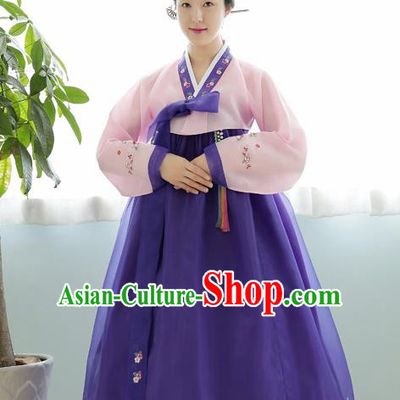 Korean Traditional Court Hanbok Garment Pink Blouse and Purple Dress Asian Korea Fashion Costume for Women