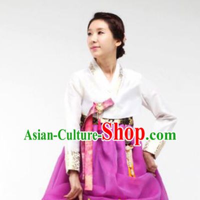 Korean Traditional Bride Mother Hanbok White Blouse and Purple Dress Garment Asian Korea Fashion Costume for Women