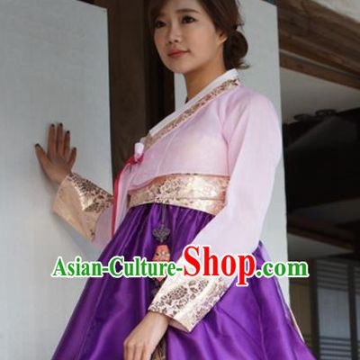 Korean Traditional Bride Mother Hanbok Pink Blouse and Purple Dress Garment Asian Korea Fashion Costume for Women