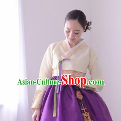 Korean Traditional Bride Hanbok White Blouse and Purple Dress Garment Asian Korea Fashion Costume for Women