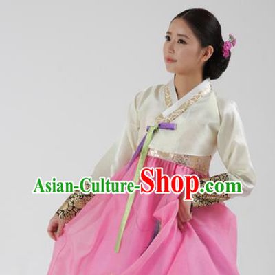 Korean Traditional Bride Hanbok White Blouse and Pink Dress Garment Asian Korea Fashion Costume for Women