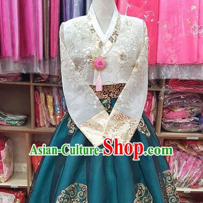 Korean Traditional Bride Hanbok White Blouse and Peacock Green Dress Garment Asian Korea Fashion Costume for Women