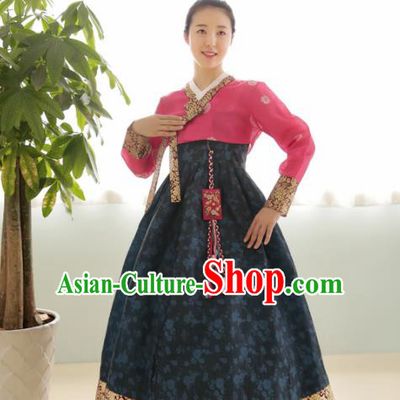 Korean Traditional Bride Hanbok Rosy Blouse and Navy Dress Garment Asian Korea Fashion Costume for Women