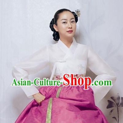 Korean Traditional Bride Hanbok White Blouse and Rosy Dress Garment Asian Korea Fashion Costume for Women