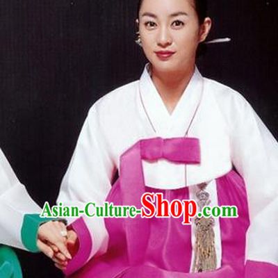 Korean Traditional Bride Mother Hanbok White Blouse and Rosy Dress Garment Asian Korea Fashion Costume for Women