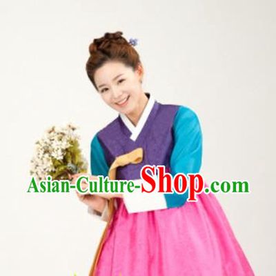 Korean Traditional Bride Mother Hanbok Purple Blouse and Pink Dress Garment Asian Korea Fashion Costume for Women