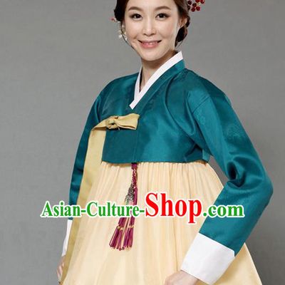 Korean Traditional Bride Hanbok Deep Green Blouse and Yellow Dress Garment Asian Korea Fashion Costume for Women