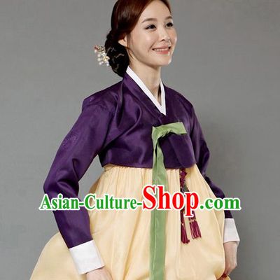 Korean Traditional Bride Hanbok Deep Purple Blouse and Yellow Dress Garment Asian Korea Fashion Costume for Women