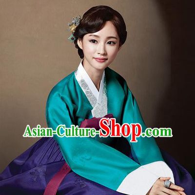 Korean Traditional Bride Court Hanbok Deep Green Blouse and Purple Dress Garment Asian Korea Fashion Costume for Women