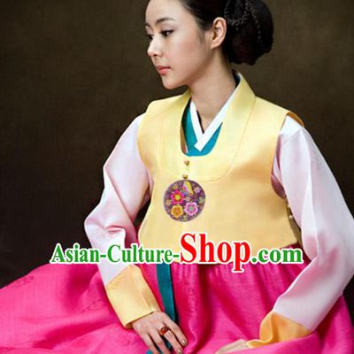 Korean Traditional Hanbok Garment Yellow Vest Blouse and Rosy Dress Asian Korea Fashion Costume for Women
