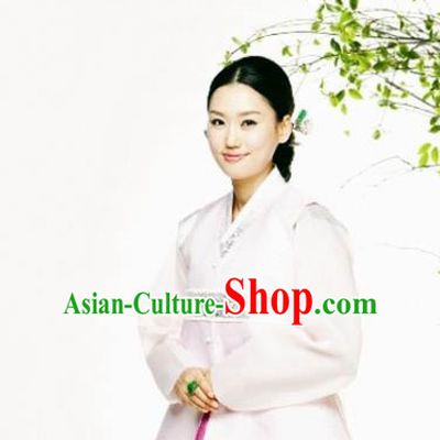 Korean Traditional Court Hanbok Garment White Vest Blouse and Rosy Dress Asian Korea Fashion Costume for Women